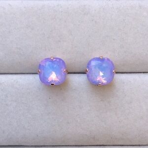 Lilac Purple-Blue Opal Aurora Borealis + Rose Gold Cushion Cut Crystal Earrings